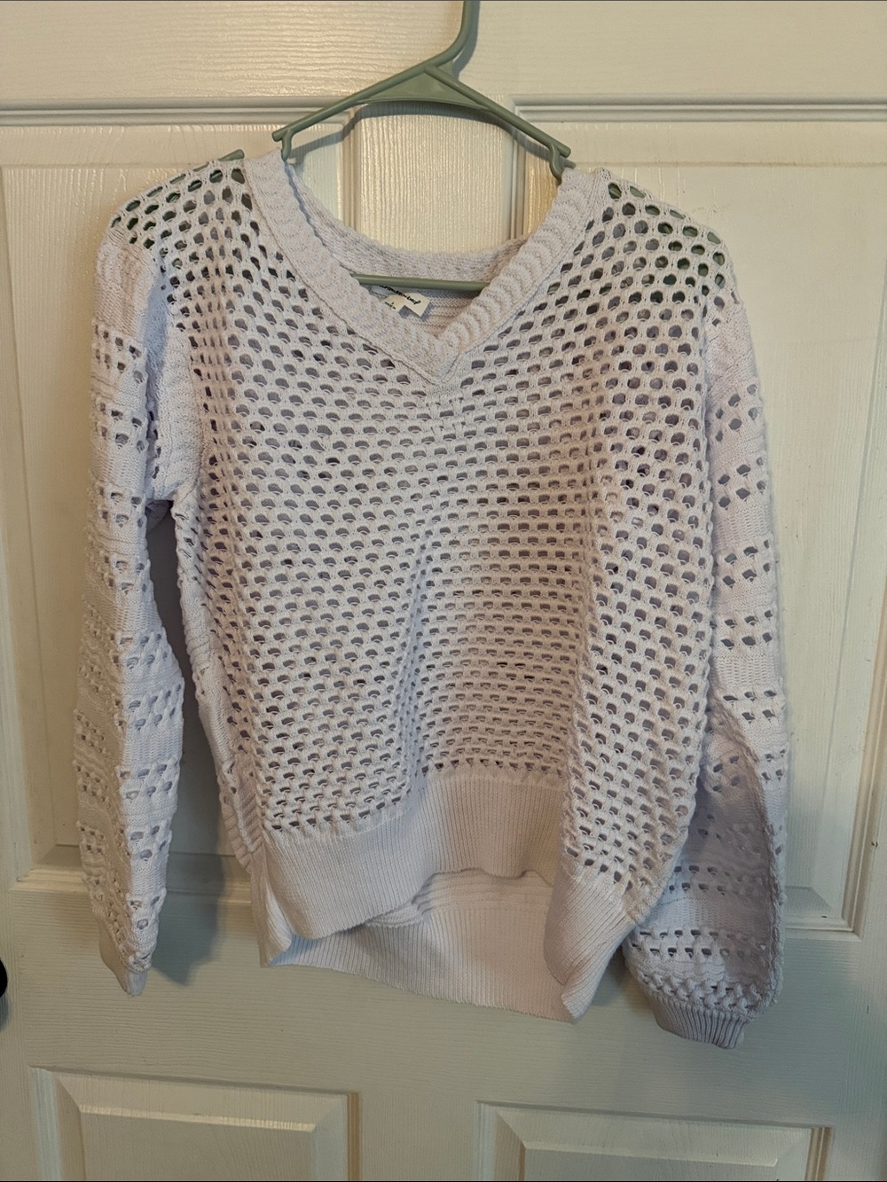 Unsubscribed White Open-Knit V-Neck Sweater Sz S. Box55